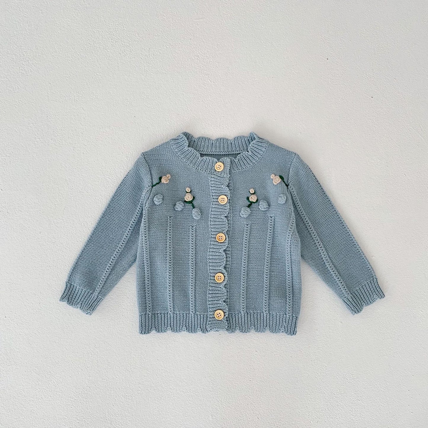 Knit Cardigan with Flowers Embroidery and Shorts Dungarees Cardigan in baby blue